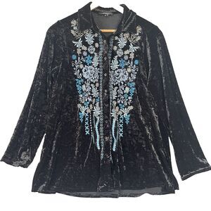 Andree by Unit Black Velvet‎ Embroidered Burnout Button Up Blouse Small